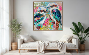 Tropical kookaburra and banksia -original on Belgian linen   - 90x90 Cm