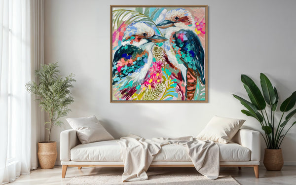 Tropical kookaburra and banksia -original on Belgian linen   - 90x90 Cm