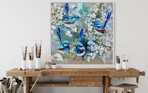 Petite wrens and cherry blossoms  - 76x76 cm - original on Belgian linen