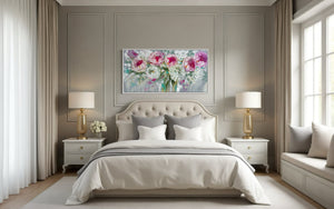 Romance  peony and hydrangea -Original on gallery canvas 75x150 cm