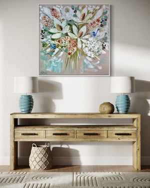 White fragrant bouquet and banksia   - Original on Belgian linen 90x90cm