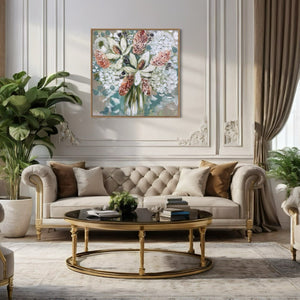 Delicate magnolia and bush blooms - 76x76cm -original on Belgian linen