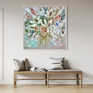 White fragrant bouquet and banksia   - Original on Belgian linen 90x90cm