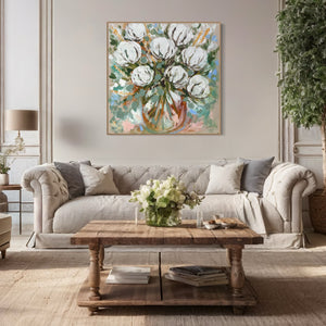 Australian wheat and cotton blooms-original on belgian linen  - 90x90 Cm