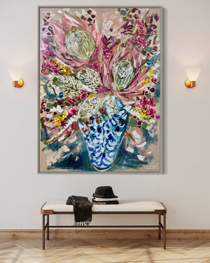 Protea , bush wattle and blue wrens -Original on belgian linen-  90x120 Cm