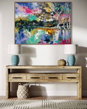 Glowing Misty River Gums -Original on Belgian linen 90x120 cm