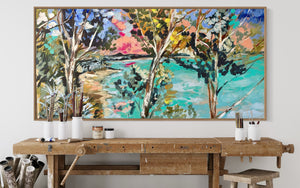 Morning light - little cove  noosa - original on Belgian linen 75 x150 cm