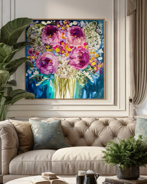 Midnight Peony and banksia -original on gallery canvas - 90x90 Cm