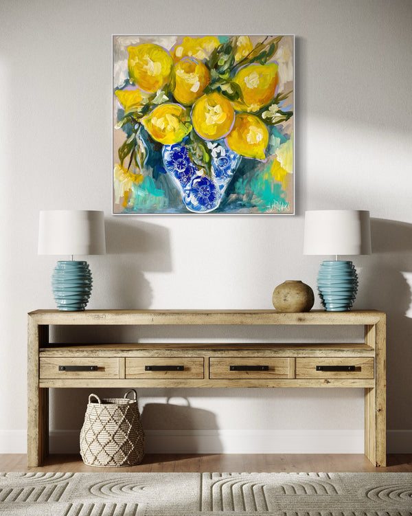 Antique Lemon Vase   - 76x76cm -original on Belgian linen