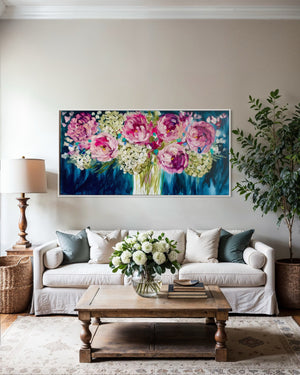 Moonlit peony and hydrangea -Original on gallery canvas 75x150 cm