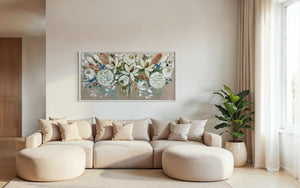 White magnolia and hidden blue wrens -Original on belgian linen 75x150 cm