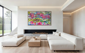 Magenta waterlily - original on gallery canvas 90x150  cm