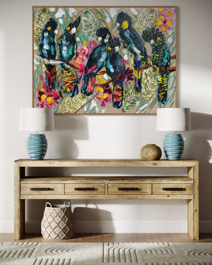 Forest Party Cockatoos -Original on Belgian linen  90x120  Cm