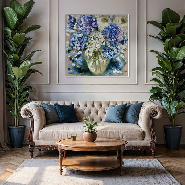 Powder blue hydrangeas - Original on Belgian linen 90x90cm