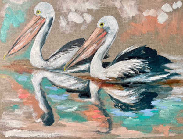 Pelicans at Sunset - art print