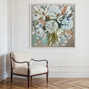 Elegant blooms and banksia -original on belgian linen - 90x90 Cm