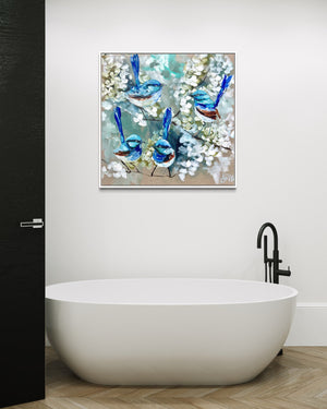 Petite wrens and cherry blossoms  - 76x76 cm - original on Belgian linen