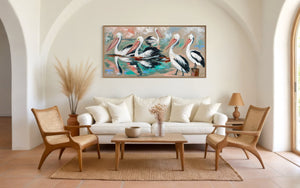 Party of five - pelicans - original on Belgian linen 75 x150 cm
