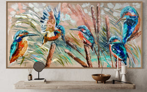 Kingfishers and native bulrushes -Original on Belgian linen  75x150 Cm