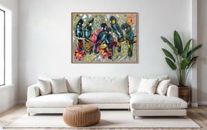 Forest Party Cockatoos -Original on Belgian linen  90x120  Cm