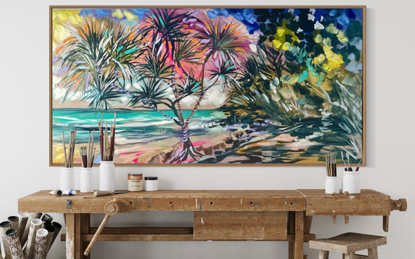 Early morning walk - laguna bay - noosa -Original on Belgian linen  75x150 Cm