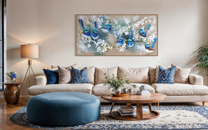 Blue Wrens and cherry blossom -Original on Belgian linen  75x150 Cm