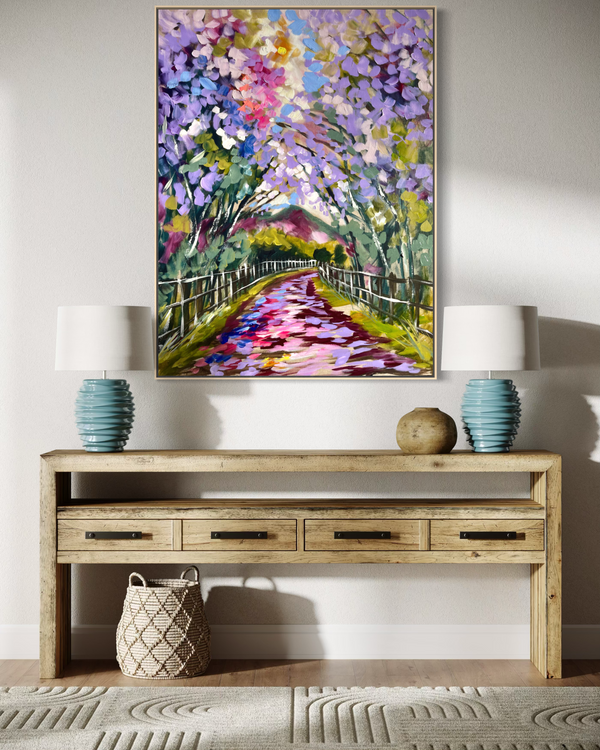 Cascading Jacaranda  lane   - Original on belgian linen 75 x100 Cm