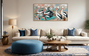 Party of five - pelicans - original on Belgian linen 75 x150 cm