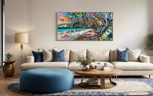 Summertime Boardwalk - Noosa - original on Belgian linen 75 x150 cm