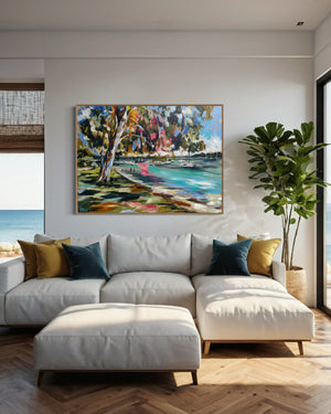 Sunday Strolls - Gympie Terrace - Noosa River -Original on Belgian linen  90x120  Cm