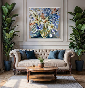 Grand Magnolia and hydrangea -original on Belgian linen   - 90x90 Cm