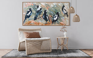 Magpie familly -  Original on Belgian linen  75x150 Cm