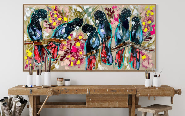 Red tailed black cockatoos - original on Belgian linen 75 x150 cm