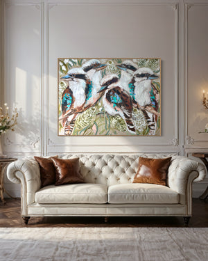 Home sweet home kookaburra  -Original on Belgian linen  90x120  Cm