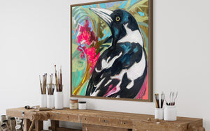 Tropical magpie - 60x60 cm - original on Belgian linen