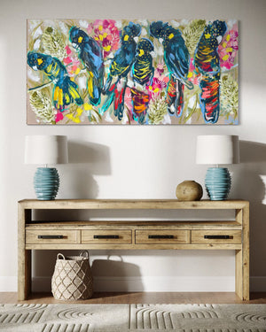 Black cockatoos and banksia -Original on Belgian linen  75x150 Cm