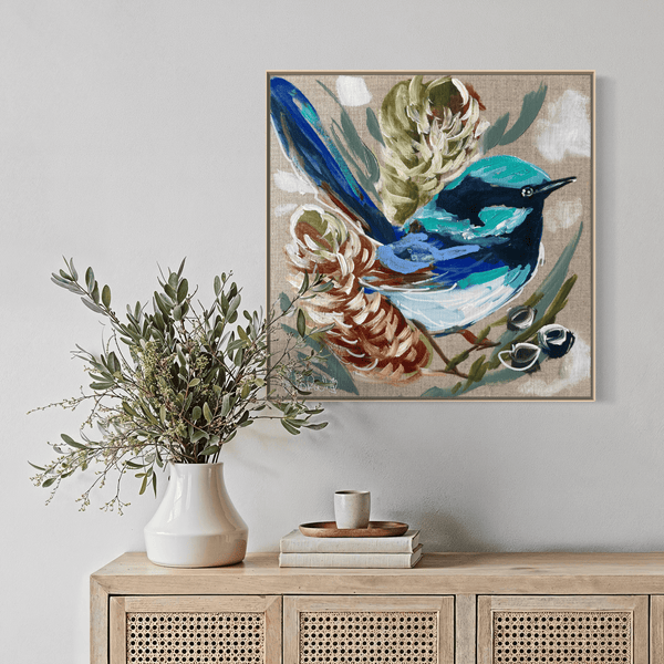 Blue wren 1 -original on Belgian linen 30x30 cm