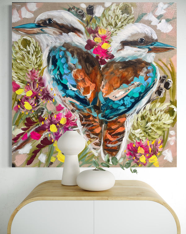 Kookaburra and flowering natives - 76x76 cm - original on Belgian linen