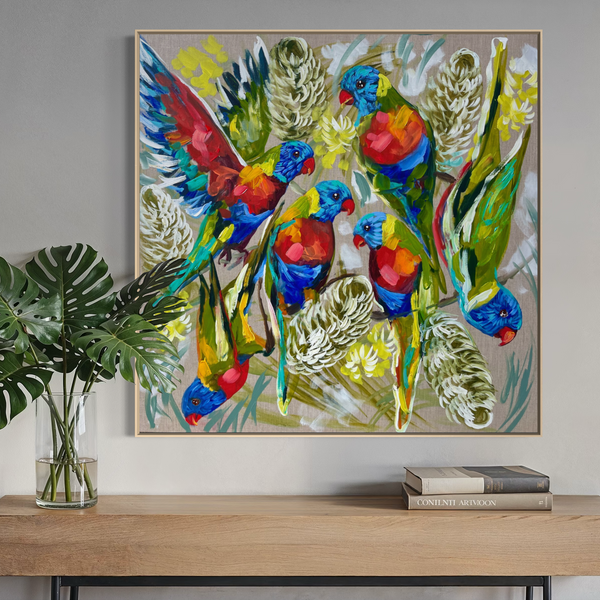 Rainbow Lorikeets -Original on Belgian linen 90x90 cm