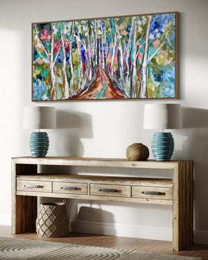 Gum Tree Laneway  - original on Belgian linen 75 x150 cm