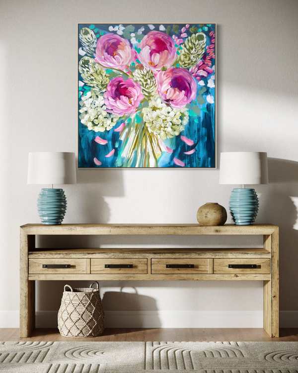 Midnight peony and banksia  -original on Belgian linen -76 x76 Cm