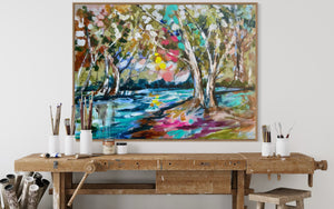Dappled light and river gums -Original on Belgian linen  90x120  Cm