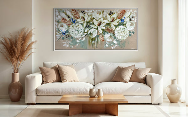 White magnolia and hidden blue wrens -Original on belgian linen 75x150 cm