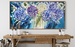 Indigo Summer Hydrangeas -Original on gallery canvas 75x150 cm