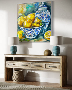 Lemon bowl and ginger jar - original on belgian linen  - 90x90 Cm