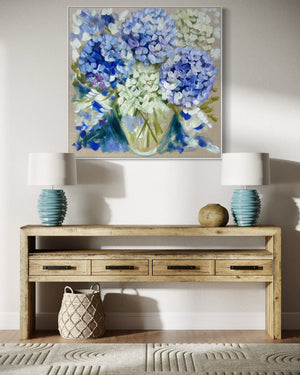 Powder blue Hydrangea- 76x76 cm - original on Belgian linen - lay by welcome