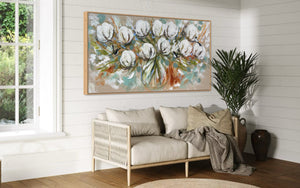 Australian cotton , wheat and willy wagtails -Original on belgian linen  75x150 Cm