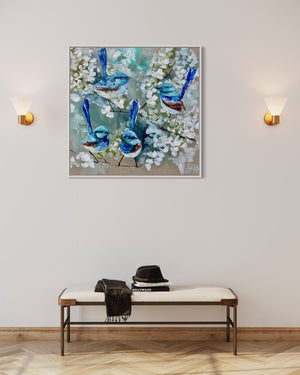 Petite wrens and cherry blossoms  - 76x76 cm - original on Belgian linen