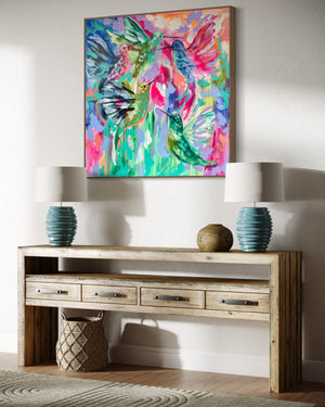 A rainbow blessing - hummingbirds - original on gallery canvas 90x90cm