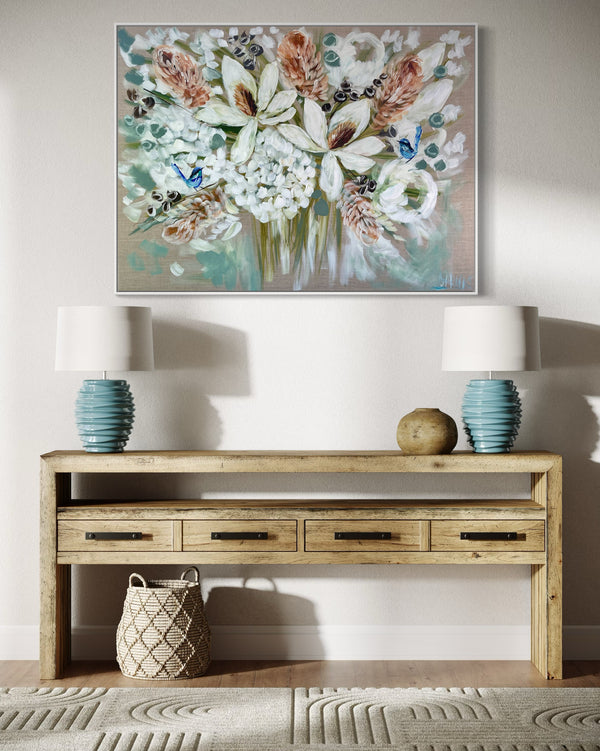 Elegant magnolia and banksia -Original on Belgian linen 75 x100 Cm